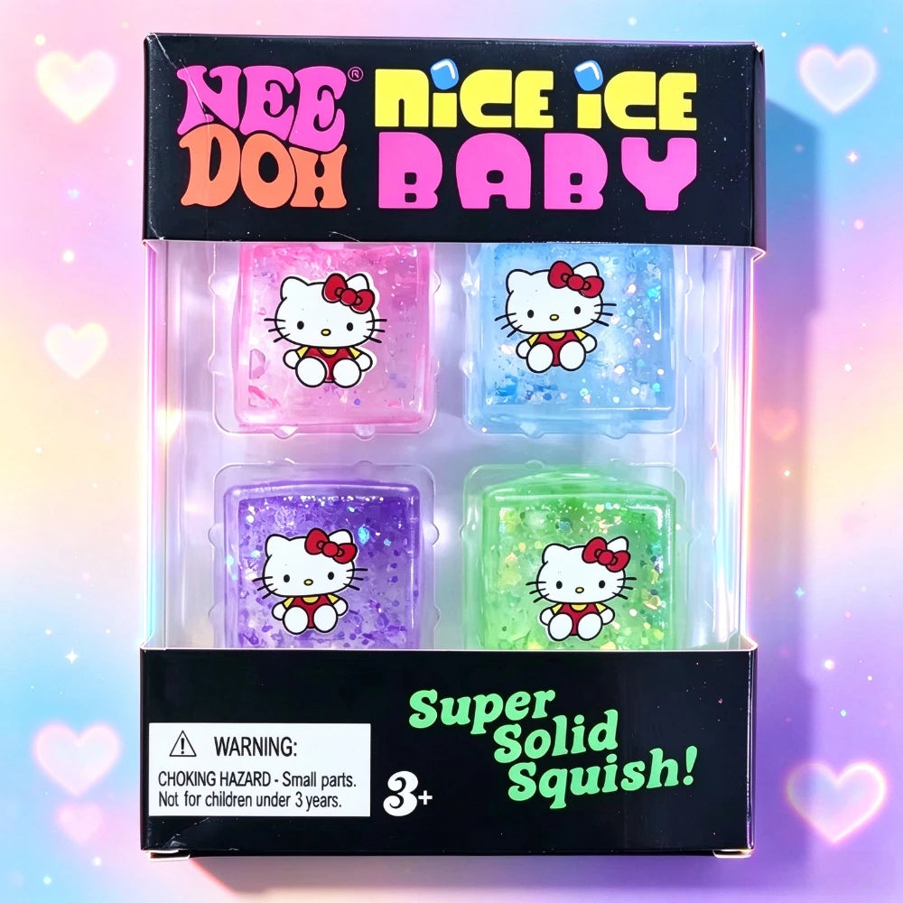 Four Hello Kitty-themed squishy cubes in pink, blue, purple, and green with a pastel heart background