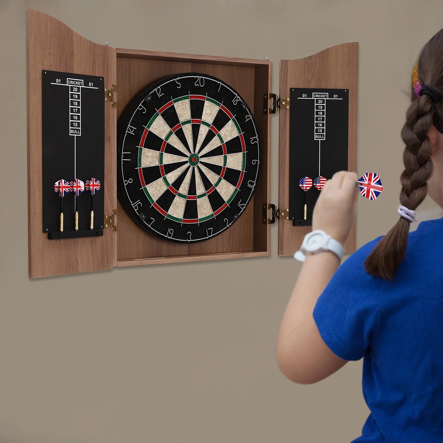🎯 Wall‑Mounted MDF Dartboard Cabinet Set for Adults | Premium Sisal Dart Board with Scoreboards, Storage & Modern Brown Cabinet | Home, Bedroom, Bar Game Room Decor ⭐