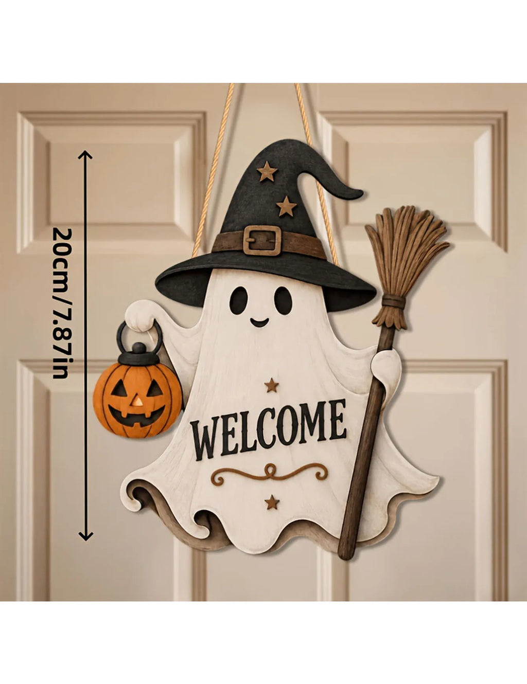 Halloween Ghost Door Plaque – Witch Hat, Broom & Pumpkin