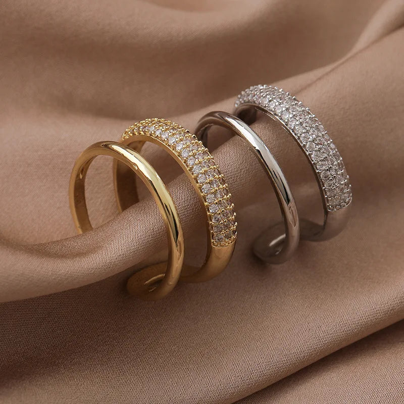 💍✨ Luxury Gold Color Double Layer Wide Couple Rings 💛 | Stainless Steel Shiny Crystal Rings for Women & Men 👩‍❤️‍👨 | Fashion Finger Jewelry Gift
