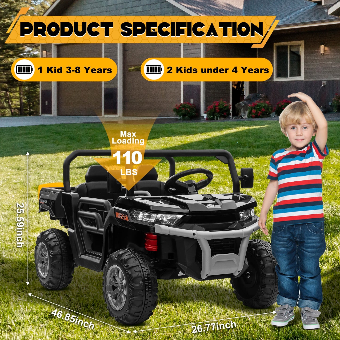🚜⚡ 24V 2-Seater Ride-On Dump Truck – Kids UTV Electric Car with 2.4G Remote, 4-Wheeler, Bluetooth Music & LED Lights