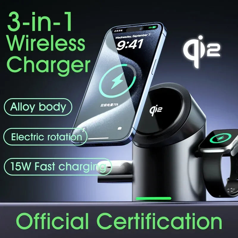 Qi2 3-in-1 Magnetic Wireless Charger – Touch Button Fast Charging Dock
