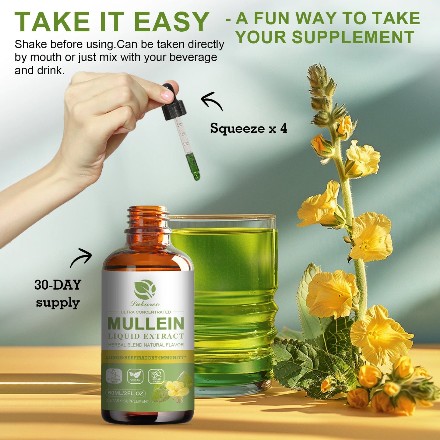 🌿Mullein Leaf Extract Drops 2 Fluid Oz. 1000mg | Lung Health 🌬️ | Breathing Support 😌 | Immune & Digestive Boost 💪 | CFDA Certified ✅ | 2 Fl. Oz. (60mL) Bottle 🧴