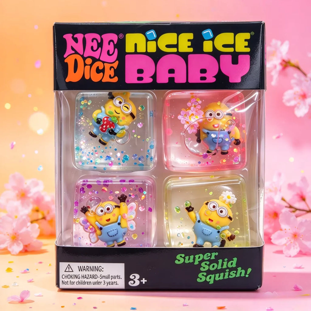Four Minions-themed ice cube squishy toys in a display box against a floral background