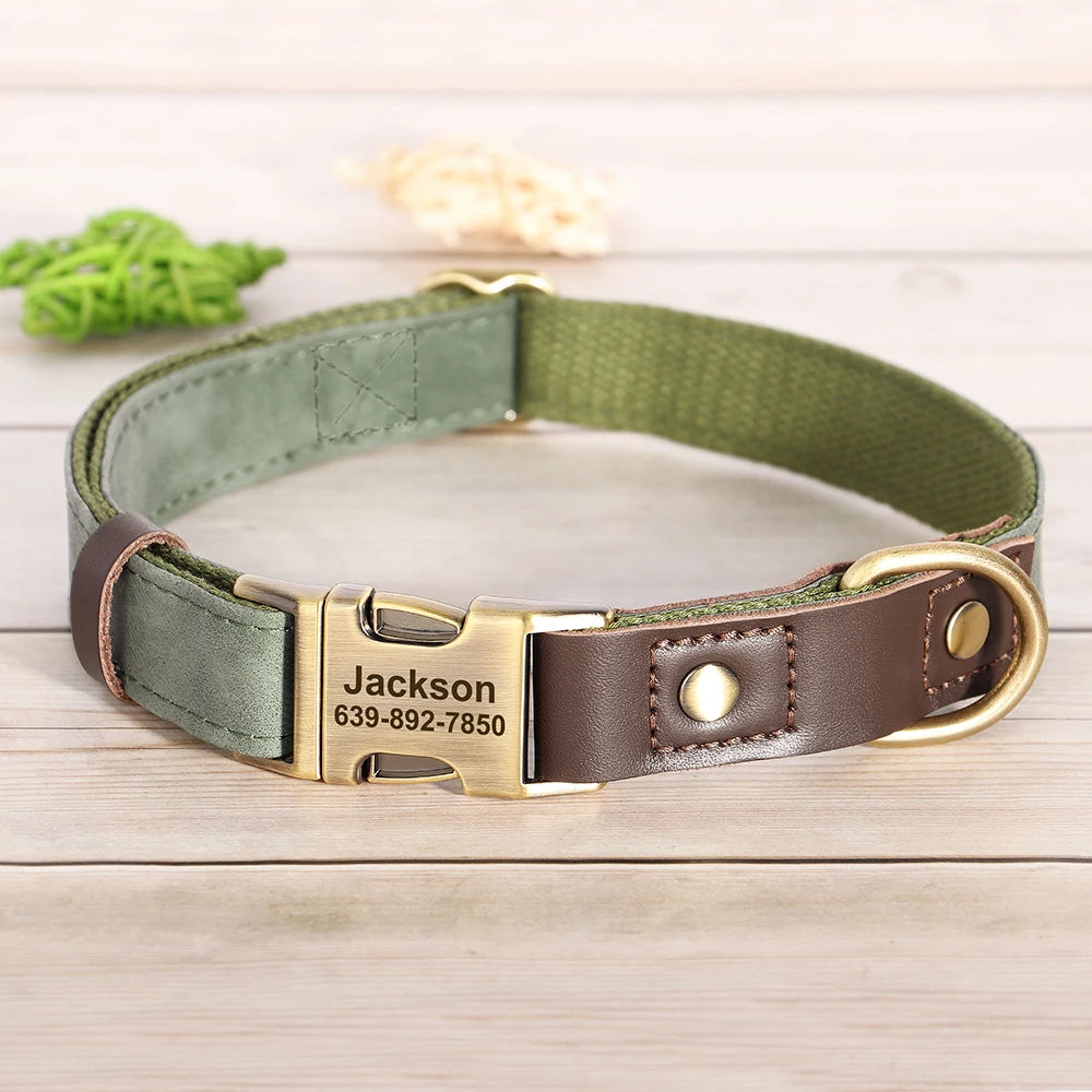 🐾 Customized Dog Collar | Durable PU Leather + Nylon | Engraved Pet ID Necklace 🐶 | Adjustable Metal Buckle for Small, Medium & Large Dogs (Pug, Pitbull, Chihuahua, Terrier) ✨