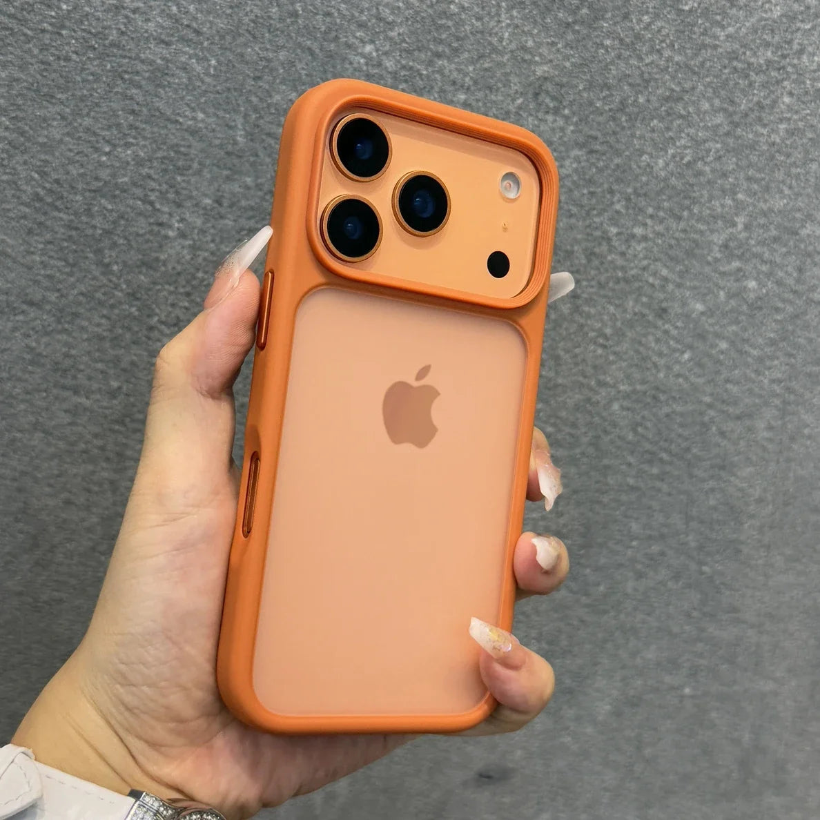 Luxury Orange Matte Transparent Case with Metal Buttons for iPhone 17 Pro Max