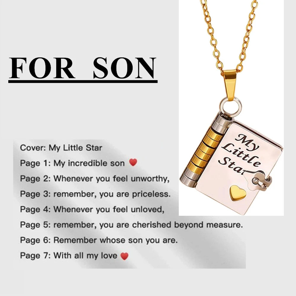 📖💙 To My Champion Son Book Necklace 🏆 | Engraved Openable Book Pendant with 6 Message Pages ✨ | Birthday Gift for Boys – My Little Hero 💪