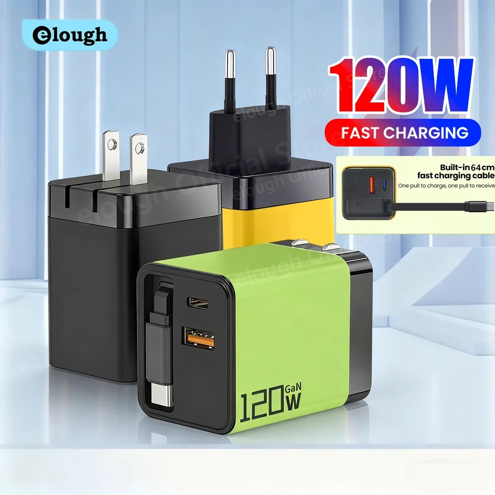 🔌 3-in-1 USB-C 120W Fast Charging Wall Adapter with Retractable Cable ⚡ | Dual Device Smart Charger for iPhone, Samsung & Google Pixel | Compact, Stylish & Travel-Ready