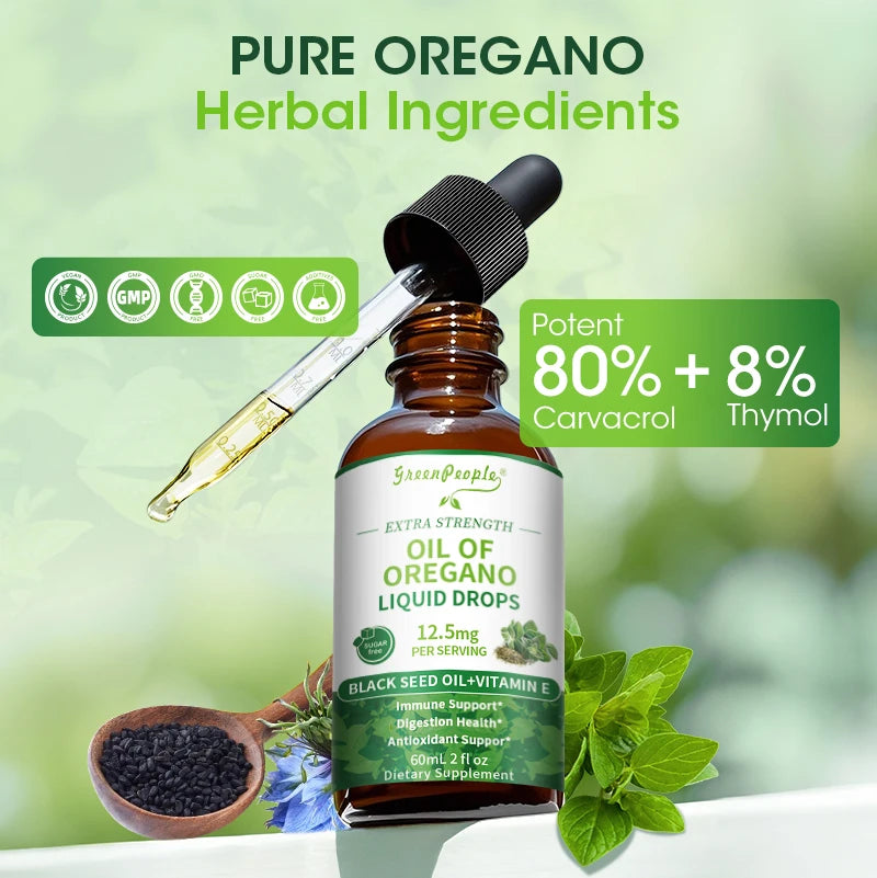 2 fl oz Organic Oregano Oil Drops with Black Seed & Vitamin E | Vegan, Sugar‑Free, Non‑GMO Wellness Blend 🌿
