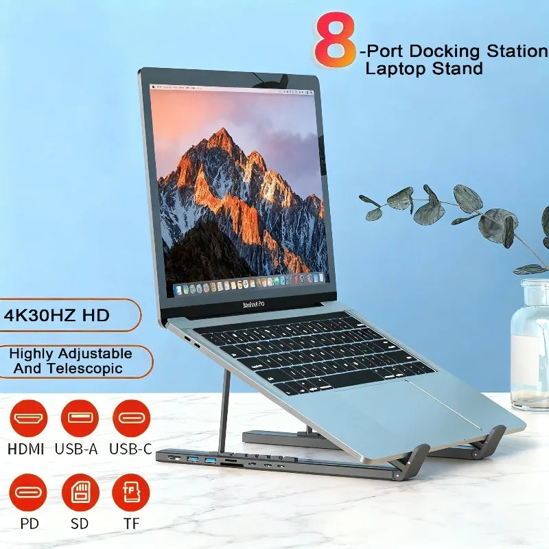 💻🔗 8-in-1 Aluminum Laptop Stand Docking Station – Type-C 4K Hub