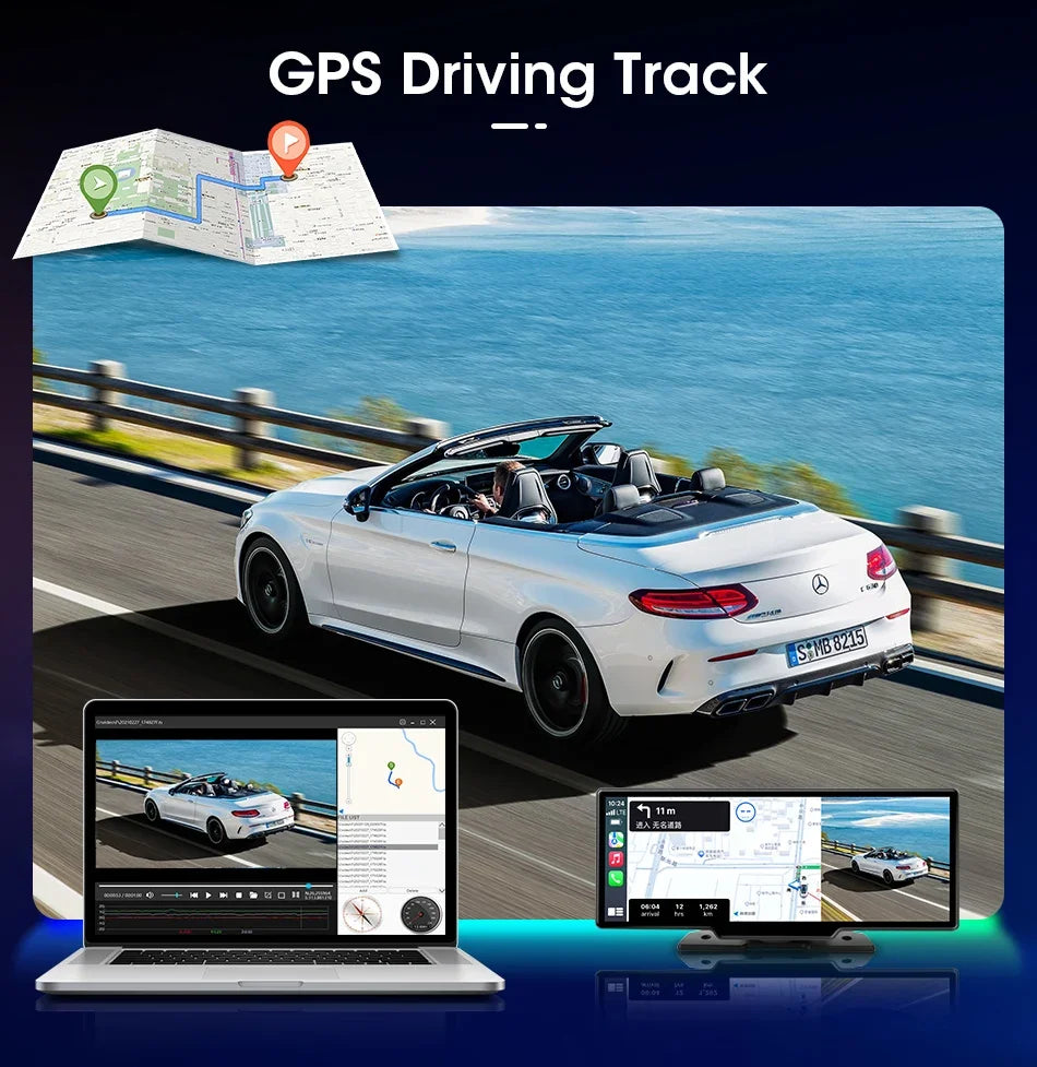 10.26" 4K Dash Cam Mirror with Wireless CarPlay & Android Auto, GPS, Rear Camera, 1600x600 IPS Touchscreen, Voice Control, Parking Monitor