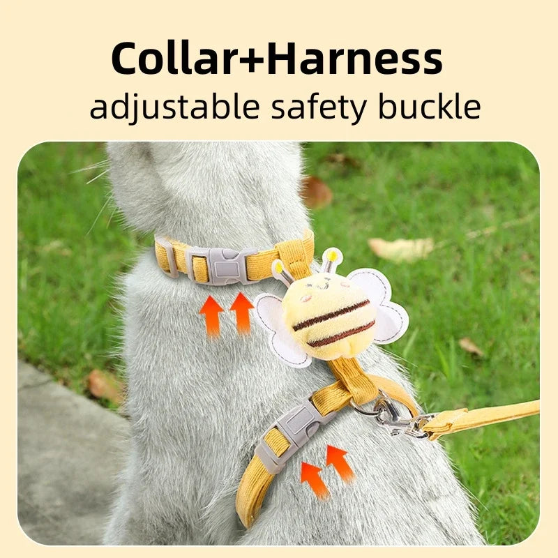 Cat Harness Leash Collar Set, Adjustable Cartoon Bee Design Double Layer Dog Harness for Small and Medium Pets Outdoor Walking Gear