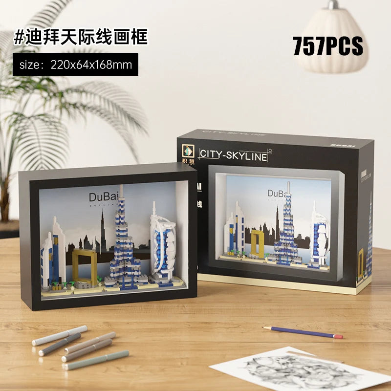 🌍🧱 Micro World Famous Architecture Building Blocks – New York, Paris, London & Dubai Skyline Photo Frame DIY Wall Decoration