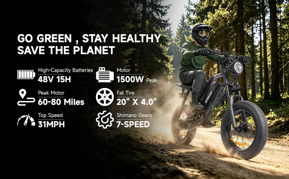 1500W Mountain Electric Bike 48V 15Ah Lithium Battery 20" Fat Tire Adult eBike, 31 MPH Max Speed, 65 Mile Range, Shimano 7-Speed