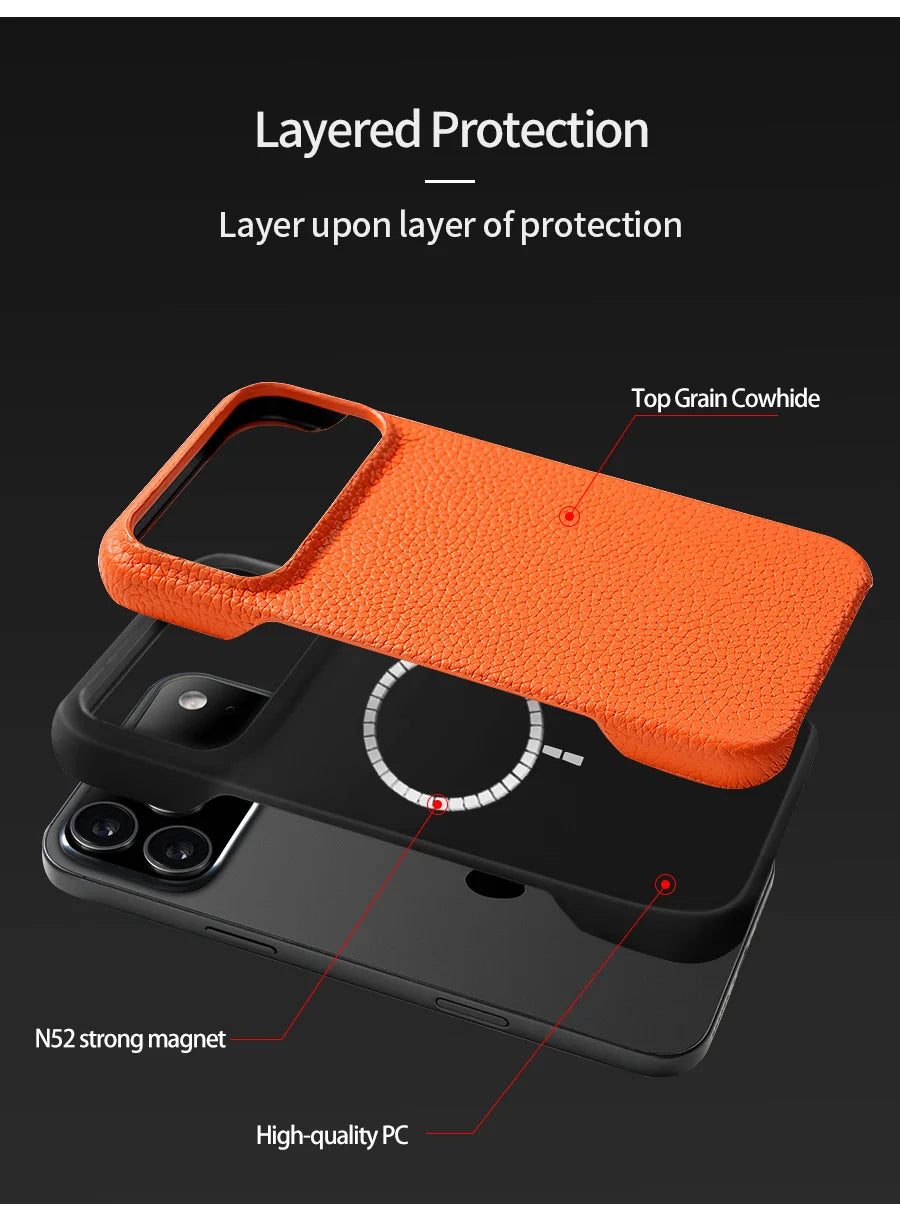 Luxury Lychee Cowhide Leather MagSafe Case for iPhone 17 / 16 / 15 Series