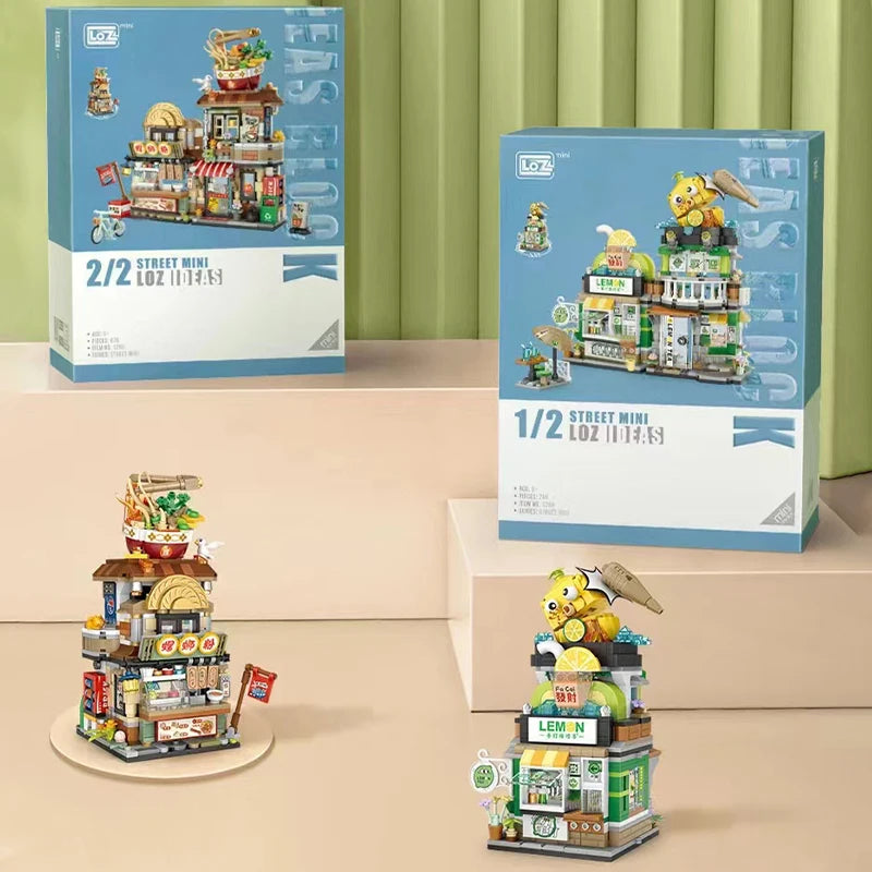 🍋🍜 Creative Mini Building Blocks – Snack Bar, Sea Fish Food House & Lemon Tea Shop DIY Puzzle Toy for Kids & Girls