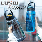 LUSQI Large Capacity Water Bottle (1.5L / 2L / 3L) – Leakproof Straw Bottle with Time Marker 💧✨