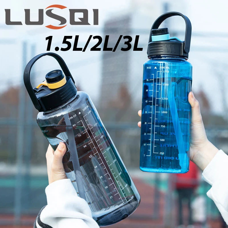 LUSQI Large Capacity Water Bottle (1.5L / 2L / 3L) – Leakproof Straw Bottle with Time Marker 💧✨