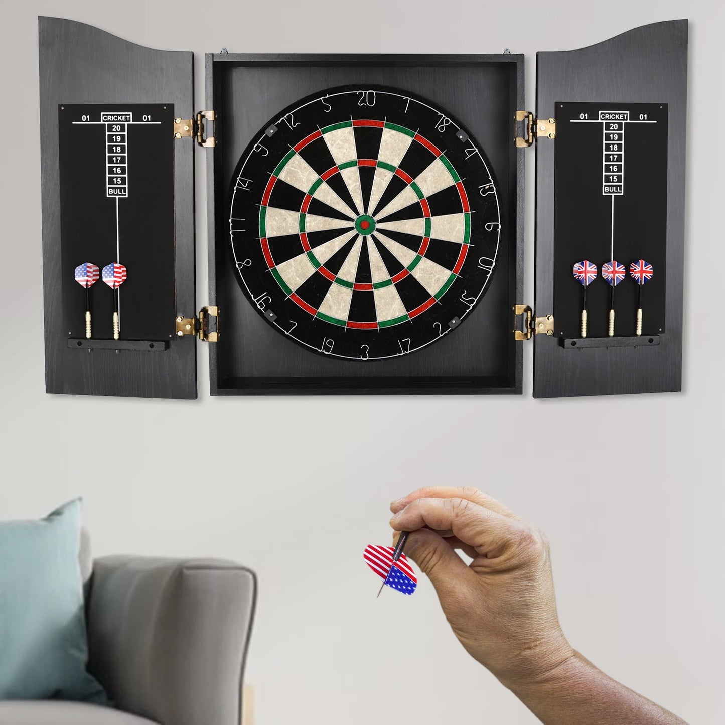 Wall‑Mounted Dartboard Cabinet Set 🎯 Classic MDF & Sisal Dart Board for Adults | Includes Cabinet, 6 Darts & Accessories | Home & Game Room Decor
