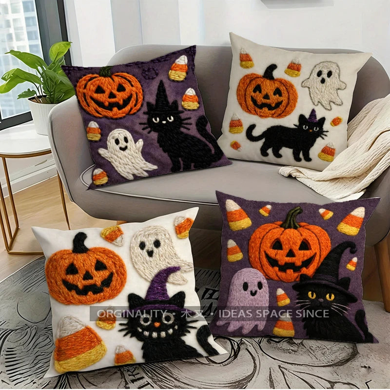 Halloween Pillow Cover – Pumpkin, Ghost & Cat