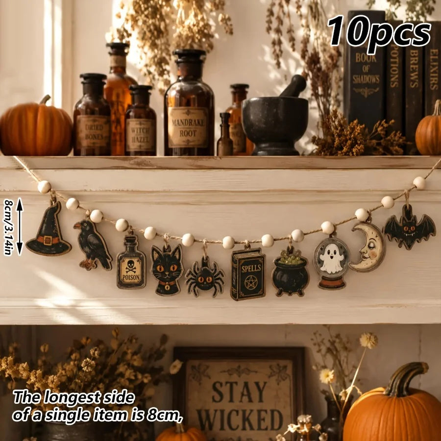 Vintage Halloween Wooden Banner – Pumpkin & Ghost Garland