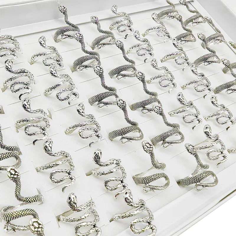 🐍💍 50pcs Vintage Snake Rings Set – Adjustable Silver Animal Jewelry