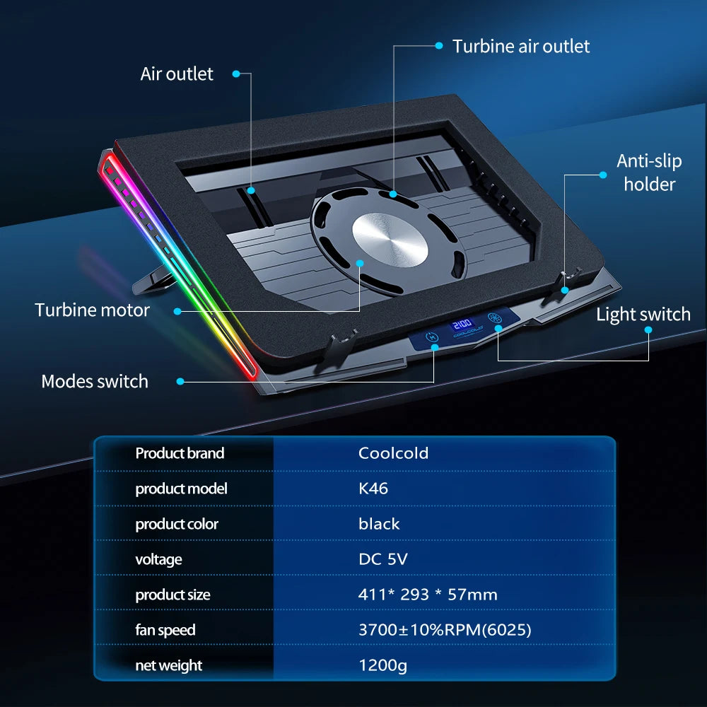 ❄️🌈 COOLCOLD Air Compression RGB Laptop Cooling Pad – Ultra-Quiet USB Cooler