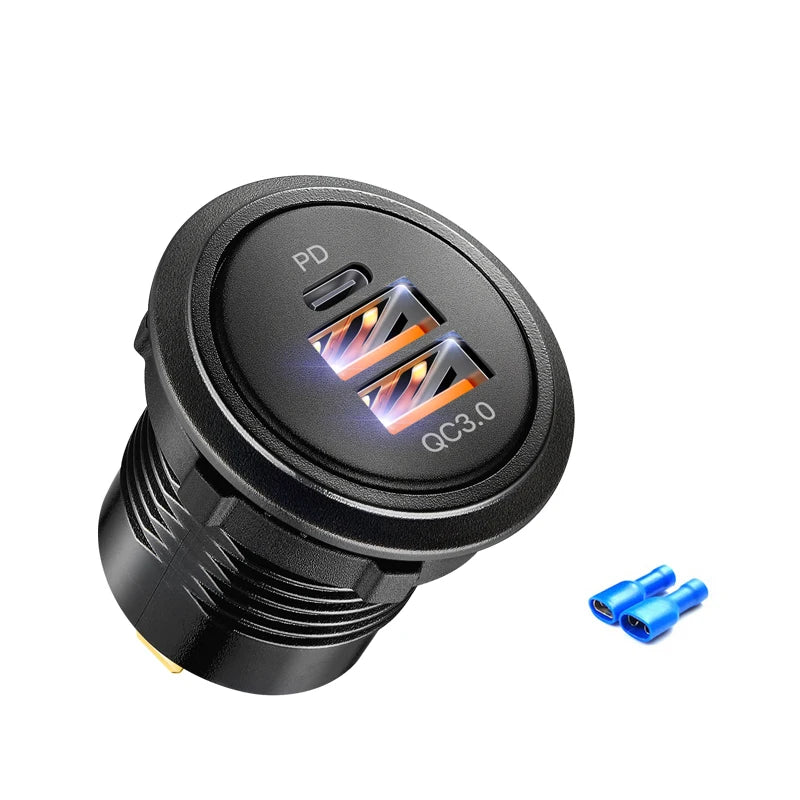 12V/24V Fast Charge USB Socket – 54W PD USB‑C + Dual QC3.0 Ports | Marine, Motorcycle, Truck & Car Power Outlet