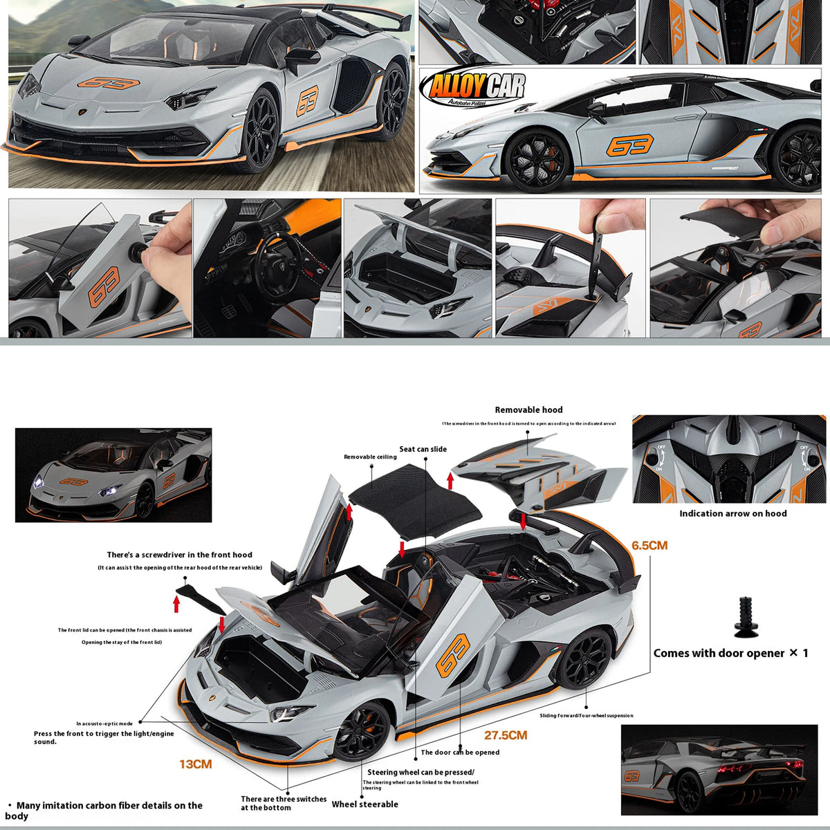 1:18 Scale SVJ63 Alloy Car Toy Model with Sound & Light Effects – Diecast Supercar Collection