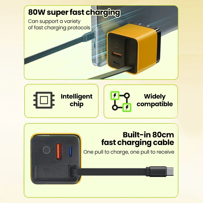 ⚡ 80W USB-C PD Fast Charger with Retractable Cable 🔄 | 100–240V Travel Wall Adapter for iPhone 16, MacBook, Samsung & Pixel 💻📱