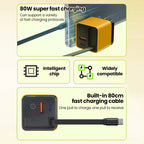 ⚡ 80W USB-C PD Fast Charger with Retractable Cable 🔄 | 100–240V Travel Wall Adapter for iPhone 16, MacBook, Samsung & Pixel 💻📱