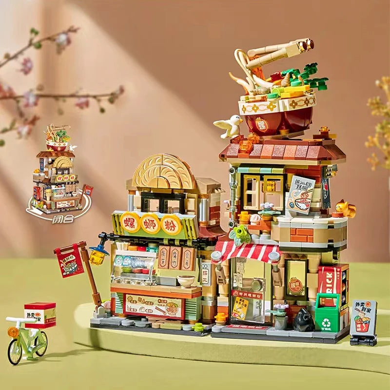🍋🍜 Creative Mini Building Blocks – Snack Bar, Sea Fish Food House & Lemon Tea Shop DIY Puzzle Toy for Kids & Girls