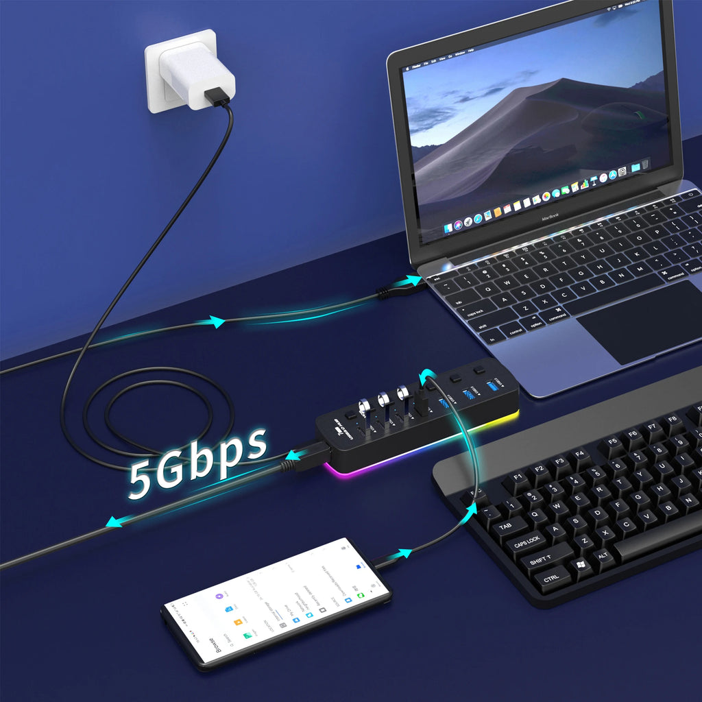 🌈🔌 RGB USB 3.0 Hub 7-Port – 5Gbps with Individual Switch