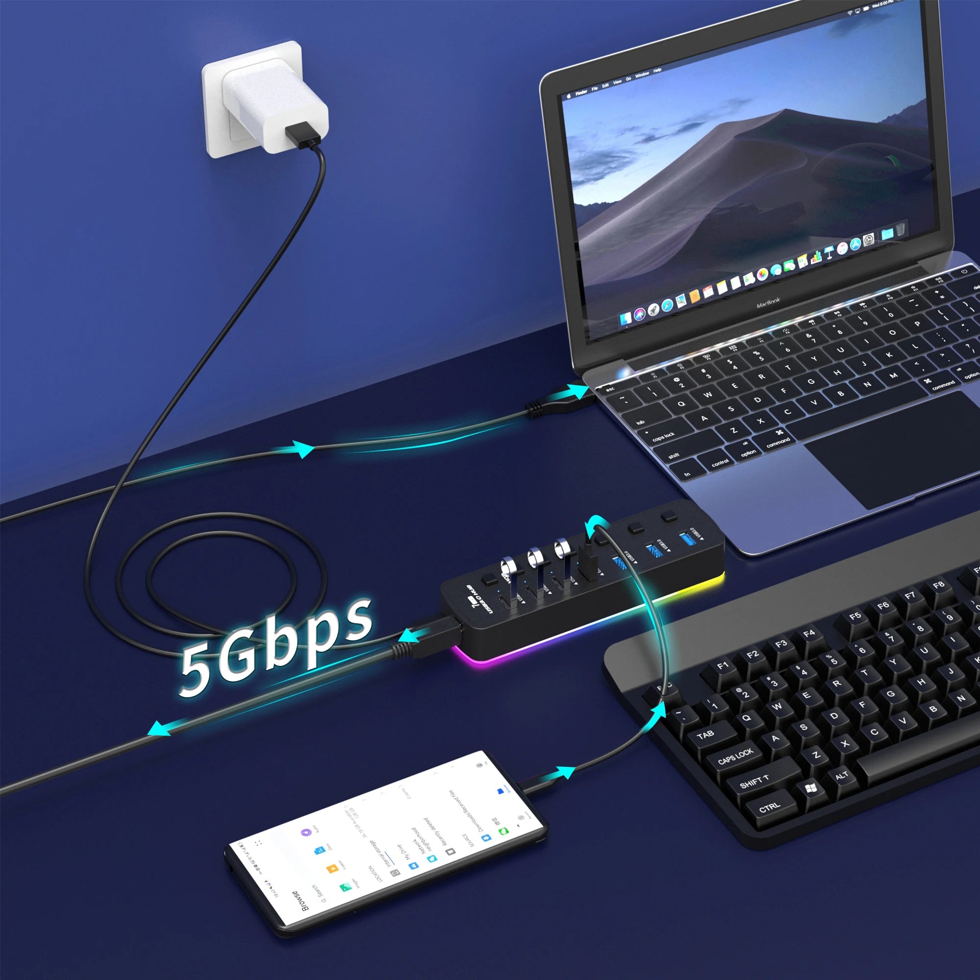 🌈🔌 RGB USB 3.0 Hub 7-Port – 5Gbps with Individual Switch