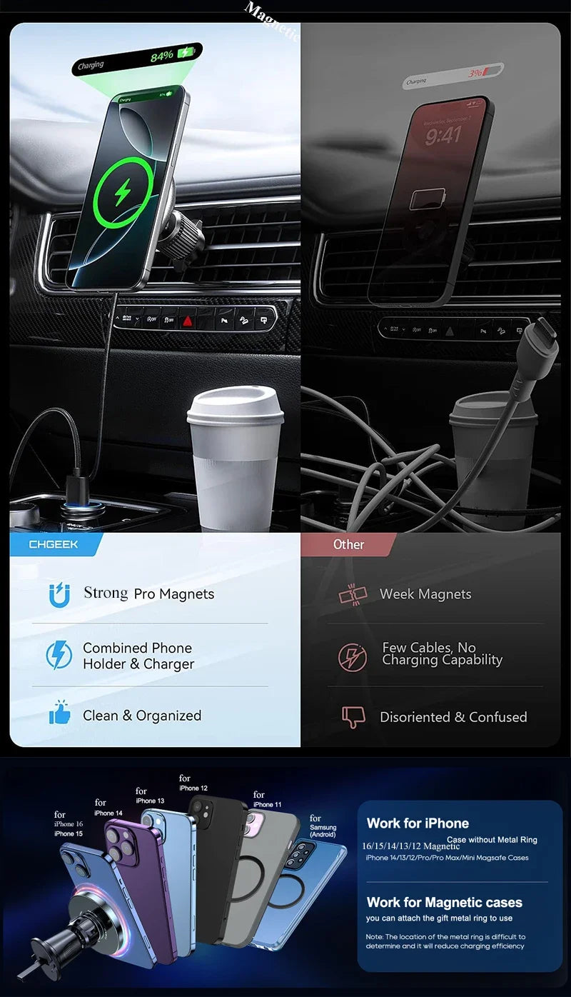 UYUXIO Magnetic Wireless Car Charger – 15W Air Vent Phone Holder
