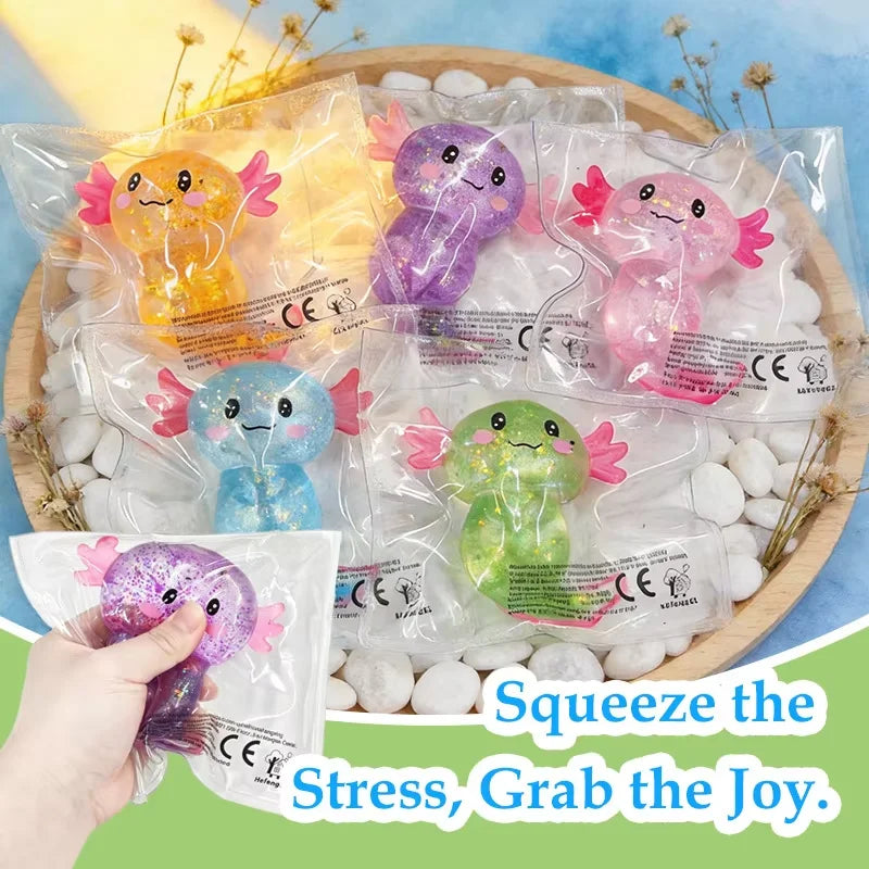 Glitter Axolotl Squishy Toy – Colorful Kawaii TPR Fidget Toy