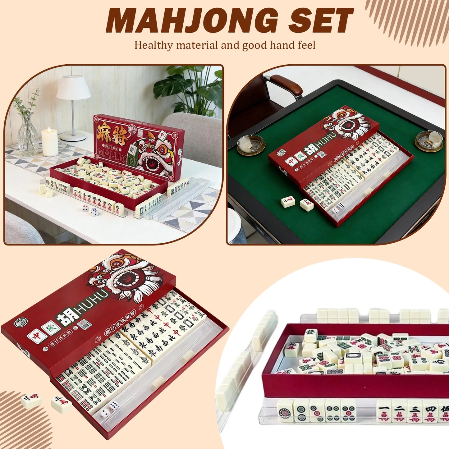 Mahjong Classic Traditional Chinese Set – Portable 144‑Tile Mahjong Game | Travel Table Game Set with Racks & Dice | Durable Acrylic Tiles | Chinese & American Mahjong for Home, Parties & Gifts