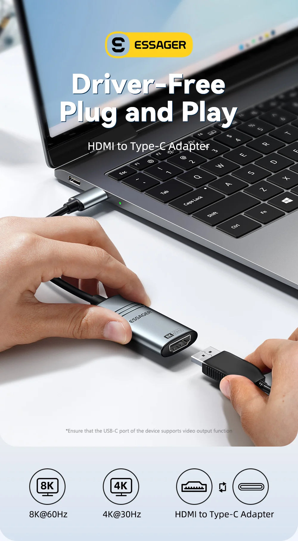 📺🔗 Essager HDMI to USB-C Adapter – 8K@60Hz / 4K@120Hz High-Speed Converter
