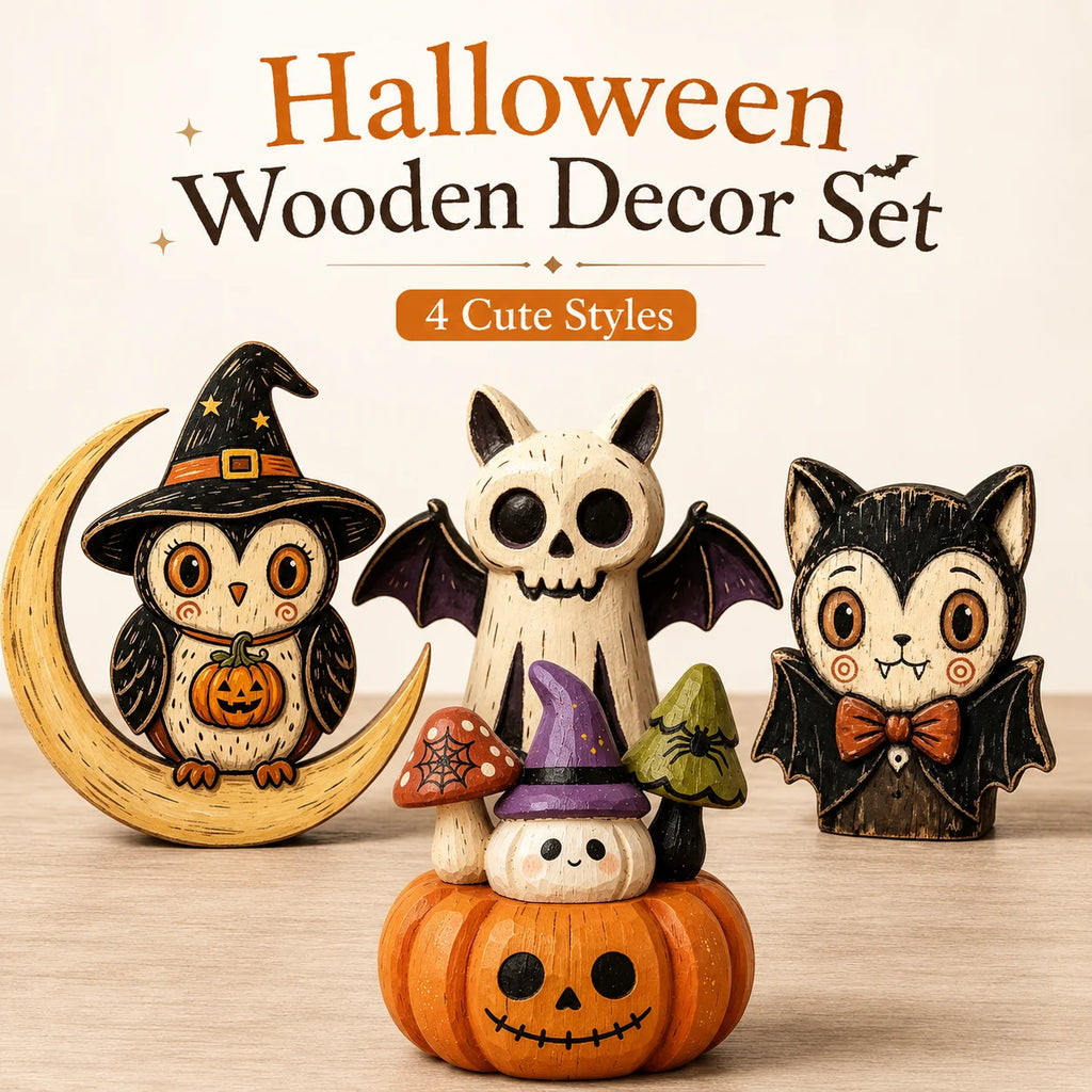 Hand-Painted Halloween Figurines – Owl, Ghost & Vampire Cat