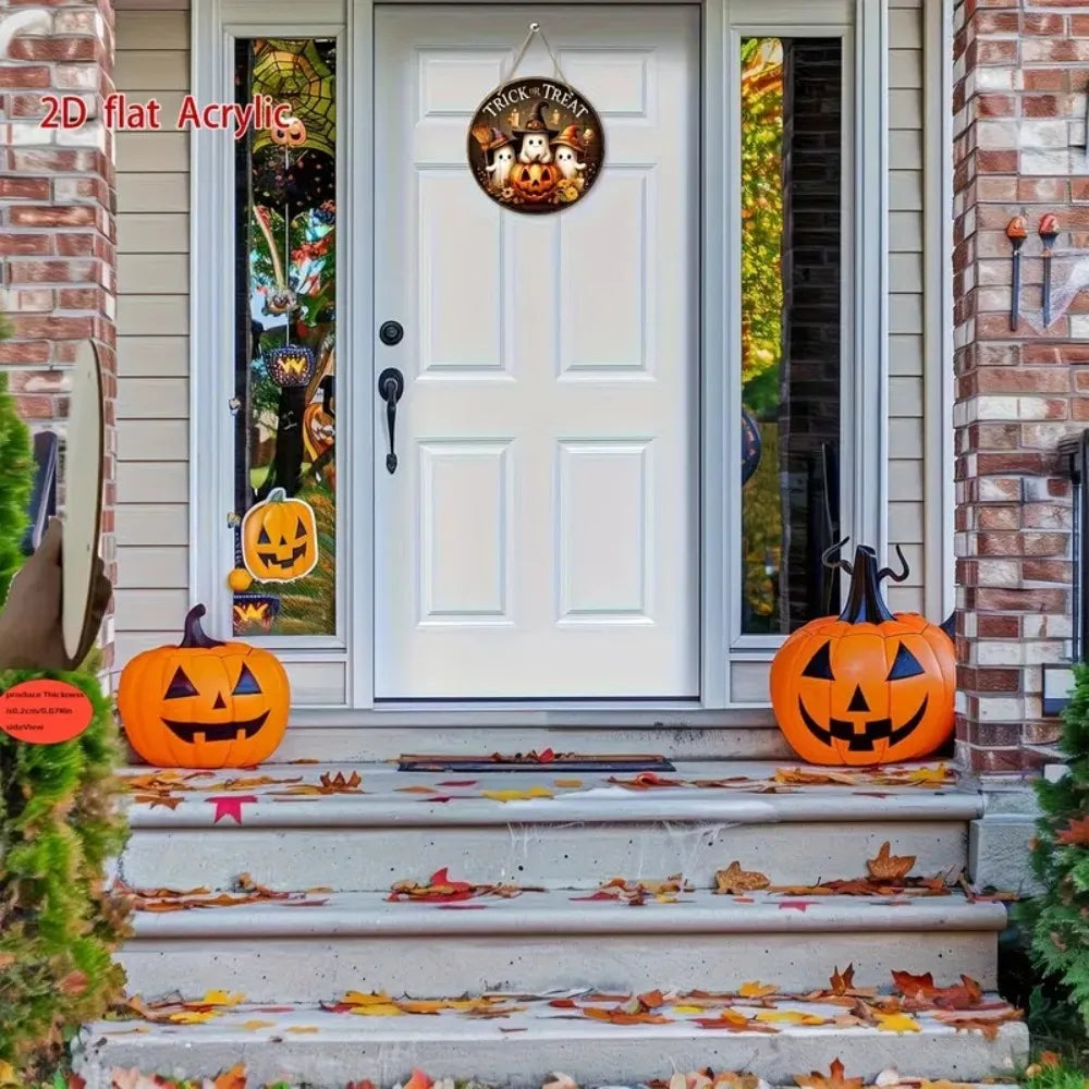 Halloween Wooden Round Sign – Ghost, Pumpkin & Witch Hat