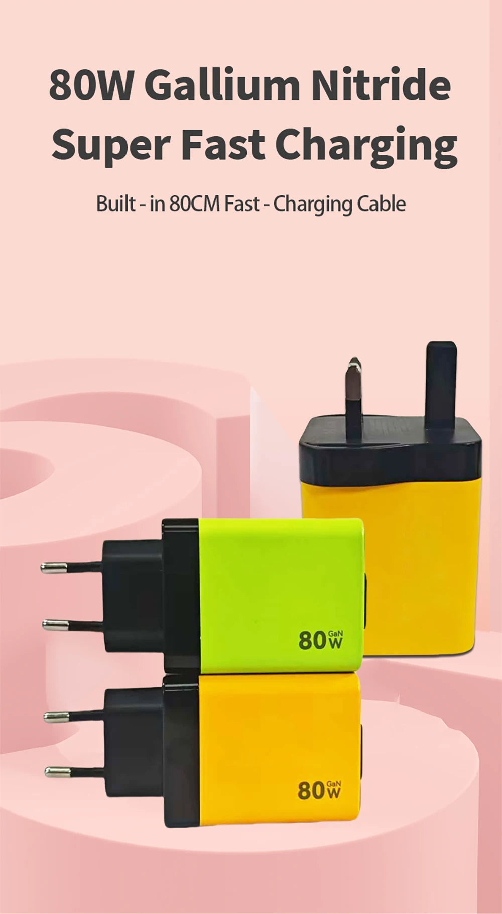 ⚡ 80W USB-C PD Fast Charger with Retractable Cable 🔄 | 100–240V Travel Wall Adapter for iPhone 16, MacBook, Samsung & Pixel 💻📱
