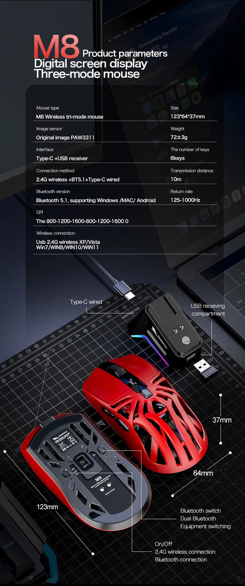 🔥🖱️ SMAILWOLF M8 Wireless RGB Gaming Mouse – 12000 DPI Tri-Mode