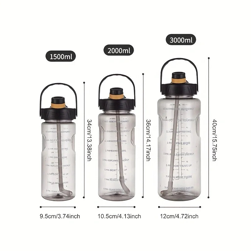 LUSQI Large Capacity Water Bottle (1.5L / 2L / 3L) – Leakproof Straw Bottle with Time Marker 💧✨