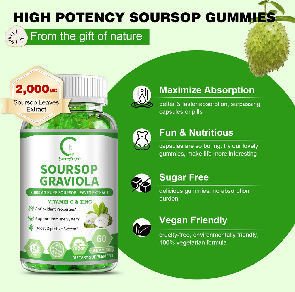 Soursop Gummies 🍃 | Immune, Digestive & Skin Health Support | Vitamin C & Zinc | Cellular Wellness Formula | 60 Gummies