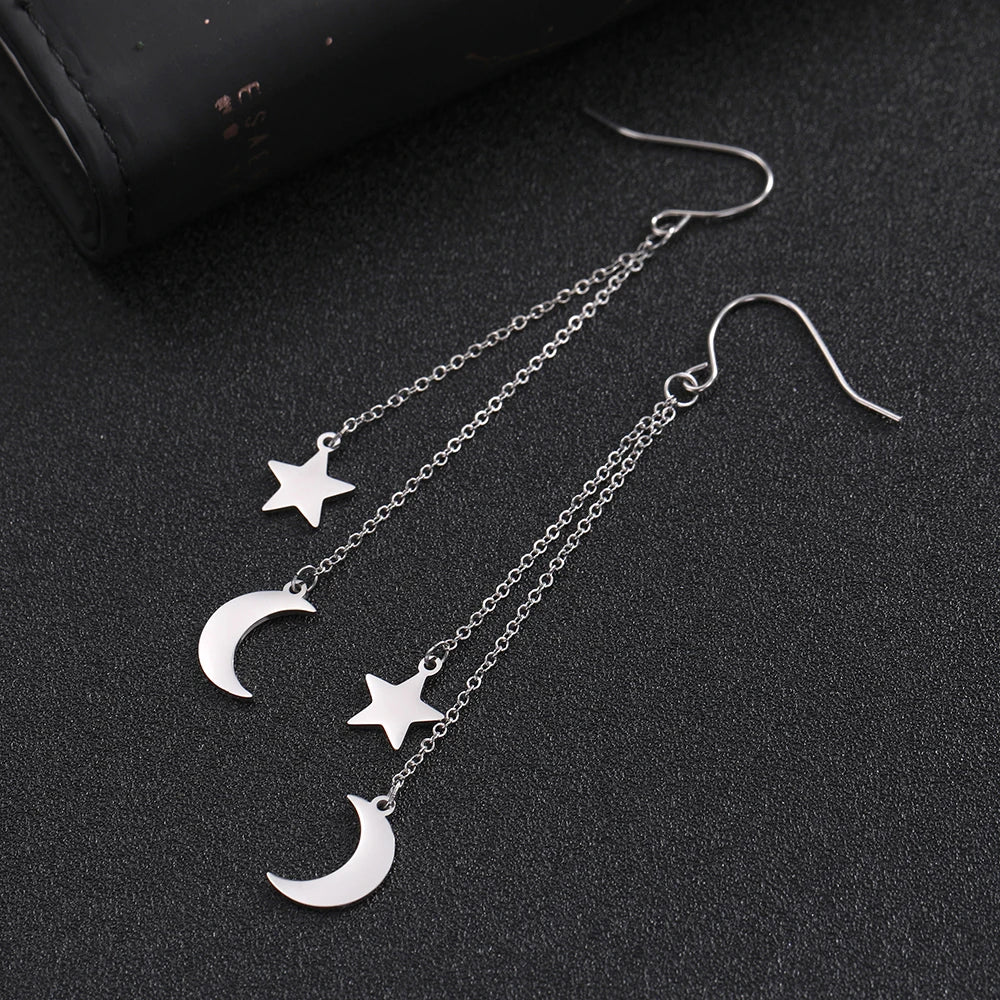 ⭐ Teamer Star Moon Pendant Tassel Earrings ✨ | Stainless Steel Dangle Earrings for Women & Girls 💕 | Korean Trendy Jewelry Valentine’s Day Gift 💝