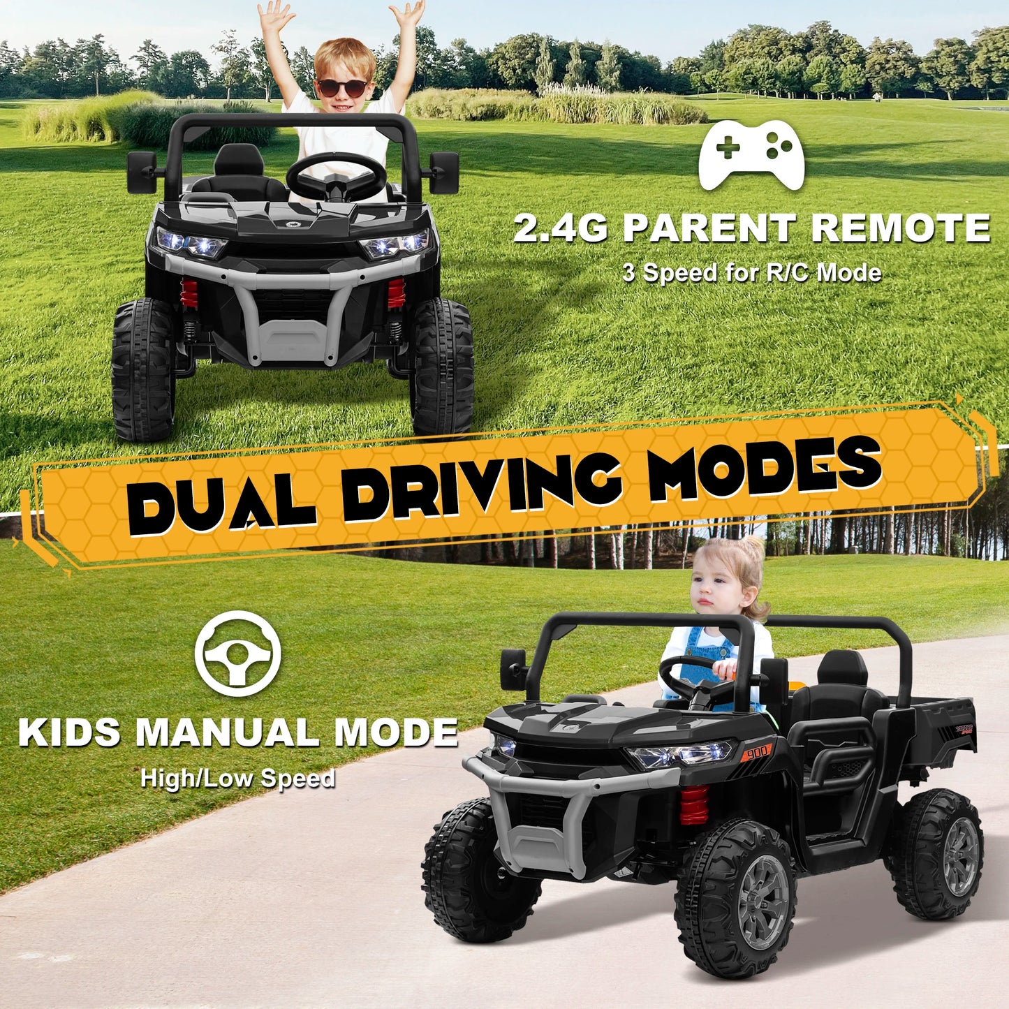 🚜⚡ 24V 2-Seater Ride-On Dump Truck – Kids UTV Electric Car with 2.4G Remote, 4-Wheeler, Bluetooth Music & LED Lights