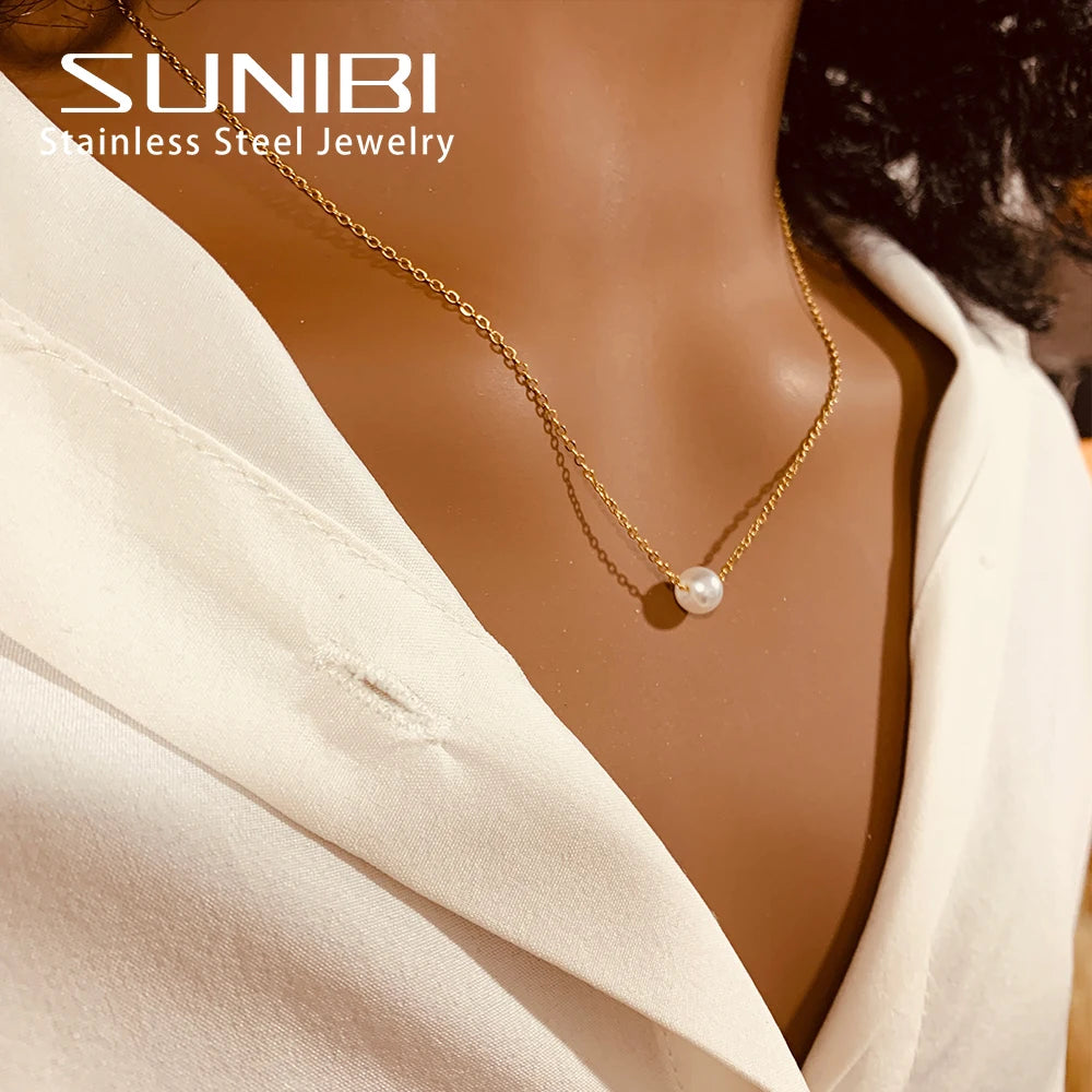 ✨💛 SUNIBI 2024 New Fashion Stainless Steel Pendant Necklace 🤍 | Gold Color Imitation Pearl Jewelry for Women 💎 | Wholesale Friendly