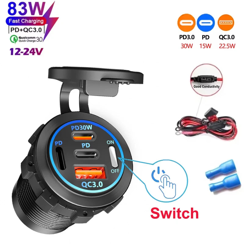 🚗 4‑Port PD + QC 3.0 Car Charger with Voltmeter | 83W Fast Charge | Waterproof 12V/24V