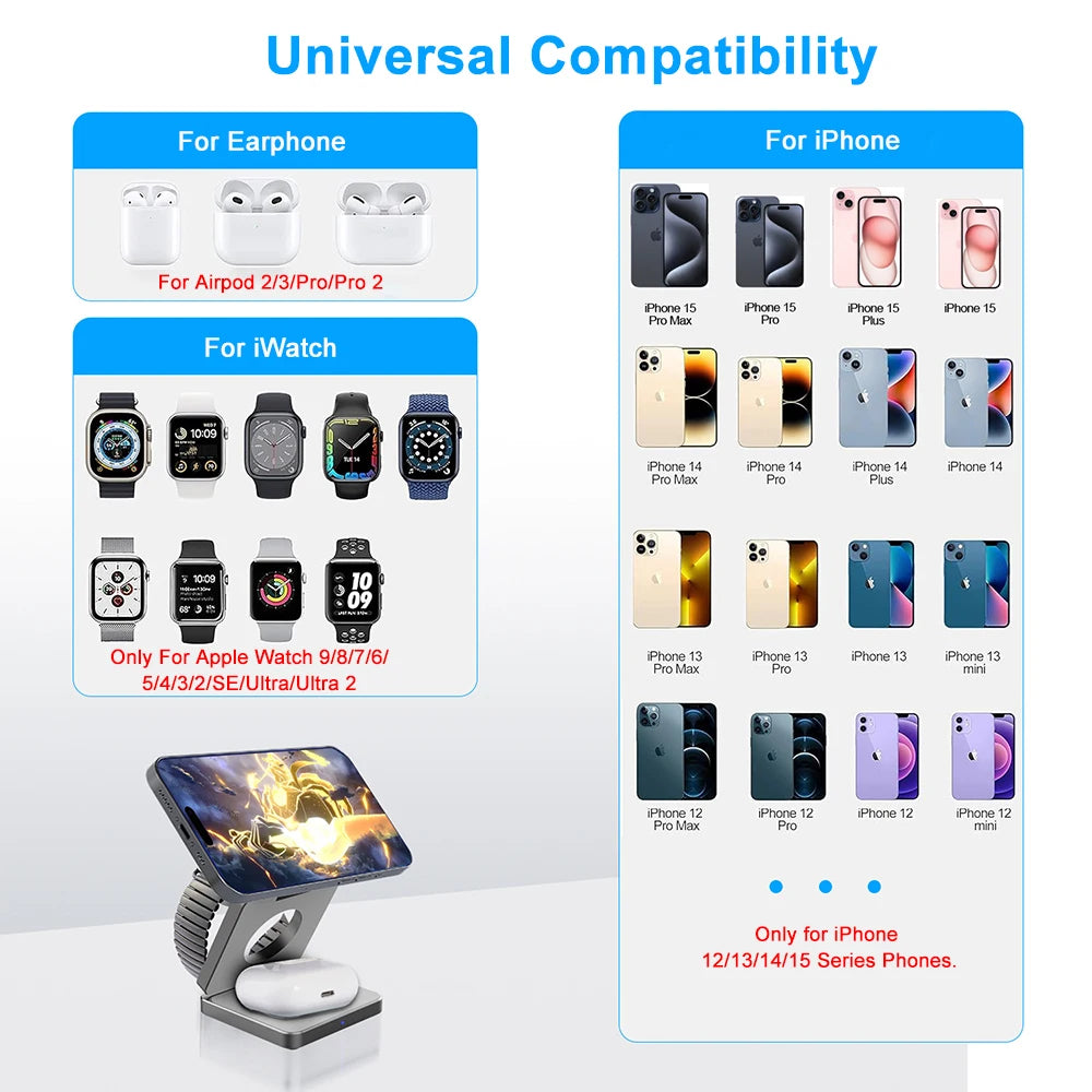3-in-1 Foldable Magnetic Wireless Charging Station for iPhone & Apple Watch
