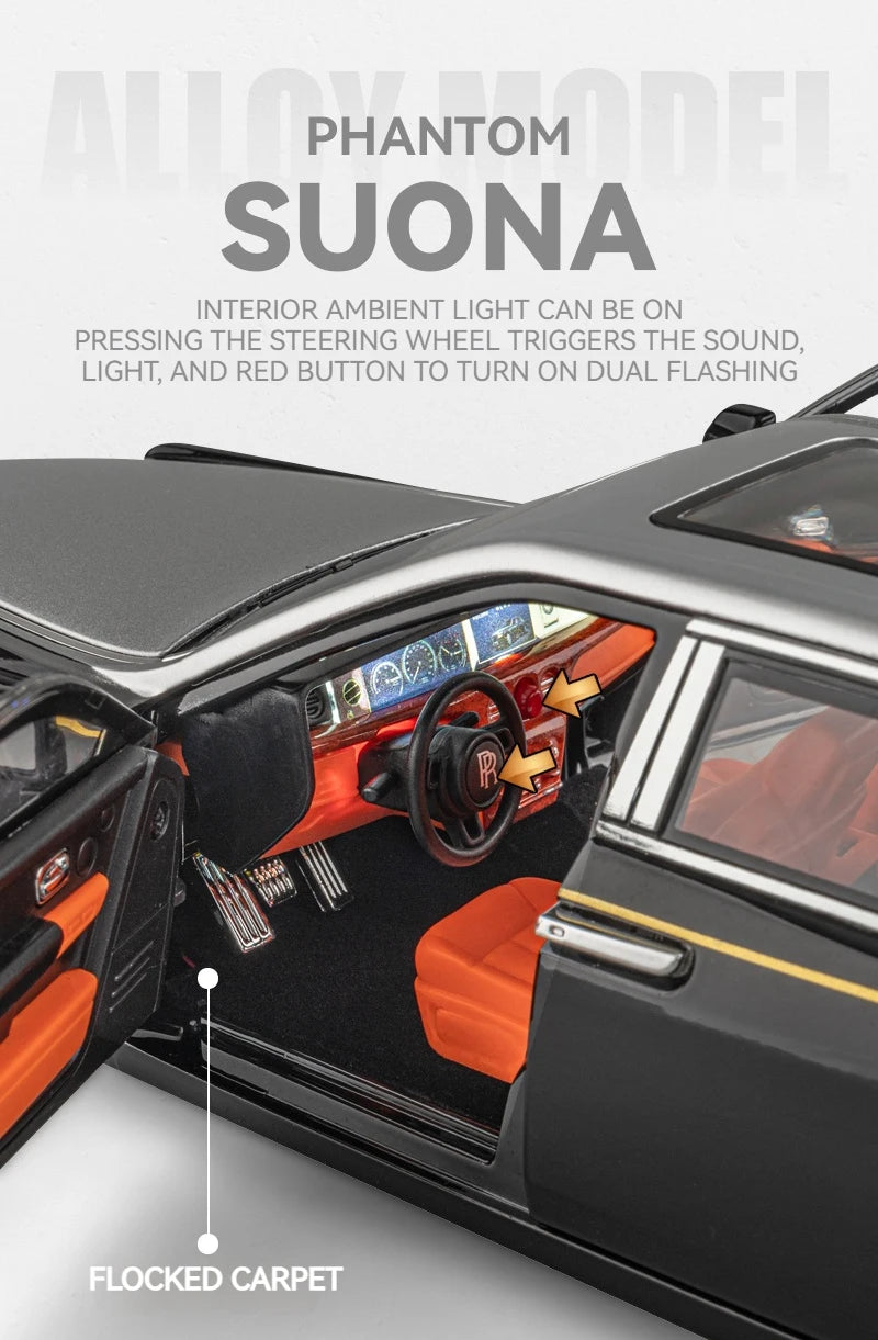 1:18 Rolls-Royce Phantom Model Car, Zinc Alloy Pull Back Toy Diecast Car with Sound and Light, Realistic Modeling Model Toy